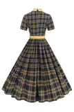 Preto xadrez A-Line Peter Pan Collar Midi Vestido dos anos 1950