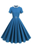 Blue Round Neck A-Line Midi Vestido dos anos 1950