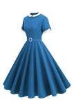 Blue Round Neck A-Line Midi Vestido dos anos 1950