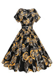 Rosa preta estampada A-Line Boat Neck Midi 1950s vestido