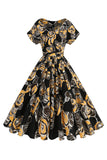 Rosa preta estampada A-Line Boat Neck Midi 1950s vestido