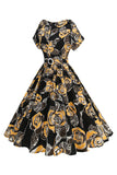 Rosa preta estampada A-Line Boat Neck Midi 1950s vestido