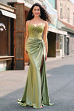 Brilhante Sereia Exército Verde Corset Lace Up Back Long Prom Dress with Slit