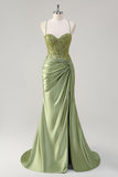 Sparkly Exército Verde Sereia Corset Long Prom Dress com Fenda