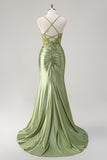 Brilhante Sereia Exército Verde Corset Lace Up Back Long Prom Dress with Slit