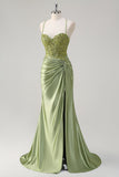 Sparkly Exército Verde Sereia Corset Long Prom Dress com Fenda