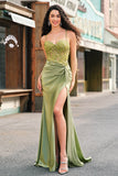 Brilhante Sereia Exército Verde Corset Lace Up Back Long Prom Dress with Slit