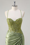 Sparkly Exército Verde Sereia Corset Long Prom Dress com Fenda