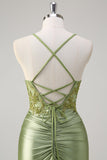 Sparkly Exército Verde Sereia Corset Long Prom Dress com Fenda