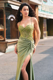 Brilhante Sereia Exército Verde Corset Lace Up Back Long Prom Dress with Slit