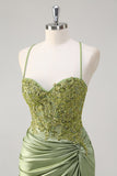 Sparkly Exército Verde Sereia Corset Long Prom Dress com Fenda