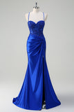 Royal Blue Sereia Esparguete Correias Plissado Appliqued Prom Dress