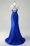 Royal Blue Sereia Esparguete Correias Plissado Appliqued Prom Dress