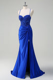 Royal Blue Sereia Esparguete Correias Plissado Appliqued Prom Dress