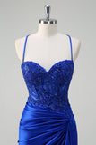 Royal Blue Sereia Esparguete Correias Plissado Appliqued Prom Dress