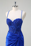 Royal Blue Sereia Esparguete Correias Plissado Appliqued Prom Dress