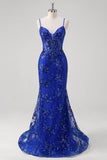 Sereia Brilhante Royal Blue Spaghetti Straps Corset Sequin Long Prom Dress com Bordado