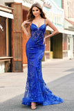 Sereia Brilhante Royal Blue Spaghetti Straps Corset Sequin Long Prom Dress com Bordado