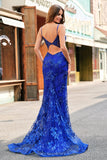 Sereia Brilhante Royal Blue Spaghetti Straps Corset Sequin Long Prom Dress com Bordado