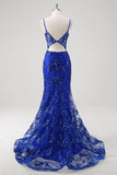 Sereia Brilhante Royal Blue Spaghetti Straps Corset Sequin Long Prom Dress com Bordado