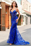 Sereia Brilhante Royal Blue Spaghetti Straps Corset Sequin Long Prom Dress com Bordado