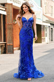 Sereia Brilhante Royal Blue Spaghetti Straps Corset Sequin Long Prom Dress com Bordado