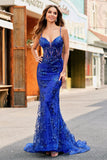 Sereia Brilhante Royal Blue Spaghetti Straps Corset Sequin Long Prom Dress com Bordado