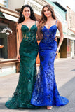 Sereia Brilhante Royal Blue Spaghetti Straps Corset Sequin Long Prom Dress com Bordado