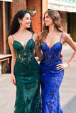 Sereia Brilhante Royal Blue Spaghetti Straps Corset Sequin Long Prom Dress com Bordado