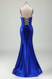 Sereia Real Azul Esparguete Correias Corset Cetim Long Prom Dress com Fenda