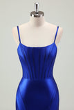 Sereia Real Azul Esparguete Correias Corset Cetim Long Prom Dress com Fenda