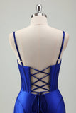 Sereia Real Azul Esparguete Correias Corset Cetim Long Prom Dress com Fenda