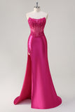 Sparkly Fuchsia Sereia Espartilho sem alças Appliques Long Prom Dress with Slit