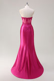 Sparkly Fuchsia Sereia Espartilho sem alças Appliques Long Prom Dress with Slit