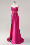 Sparkly Fuchsia Sereia Espartilho sem alças Appliques Long Prom Dress with Slit