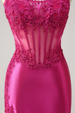 Sparkly Fuchsia Sereia Espartilho sem alças Appliques Long Prom Dress with Slit