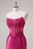 Sparkly Fuchsia Sereia Espartilho sem alças Appliques Long Prom Dress with Slit