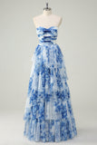 Flor Azul Branca A-Line Strapless Tiered Long Prom Dress com laços