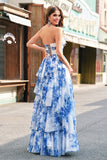 Flor Azul Branca A-Line Strapless Tiered Long Prom Dress com laços