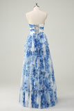 Flor Azul Branca Uma Linha Strapless Tiered Prom Dress