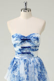 Flor Azul Branca Uma Linha Strapless Tiered Prom Dress