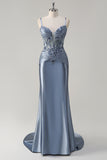 Cinzento Cinzento Azul Sereia Esparguete Correias Corset Appliqued Long Prom Dress with Slit