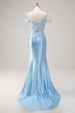 Sereia Azul Céu Fora do Ombro Corset Vestido Floral Longo Baile de Formatura com Flores 3D
