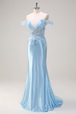 Sereia Azul Céu Fora do Ombro Corset Vestido Floral Longo Baile de Formatura com Flores 3D