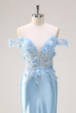 Sereia Azul Céu Fora do Ombro Corset Vestido Floral Longo Baile de Formatura com Flores 3D