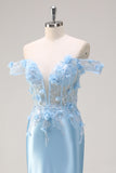 Sereia Azul Céu Fora do Ombro Corset Vestido Floral Longo Baile de Formatura com Flores 3D