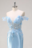Sereia Azul Céu Fora do Ombro Corset Vestido Floral Longo Baile de Formatura com Flores 3D