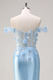 Sereia Azul Céu Fora do Ombro Corset Vestido Floral Longo Baile de Formatura com Flores 3D