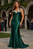 Vestido de baile de finalista de cetim de cetim de sereia verde escuro com costas abertas