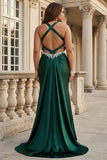 Vestido de baile de finalista de cetim de cetim de sereia verde escuro com costas abertas